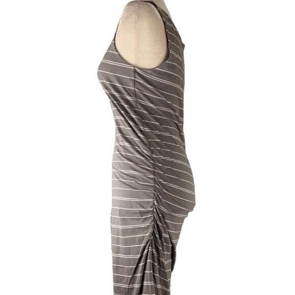 Athleta Sleeveless Maxi Dress S Grey White Striped Ruched Sides Lined Stretch - Picture 3 of 4